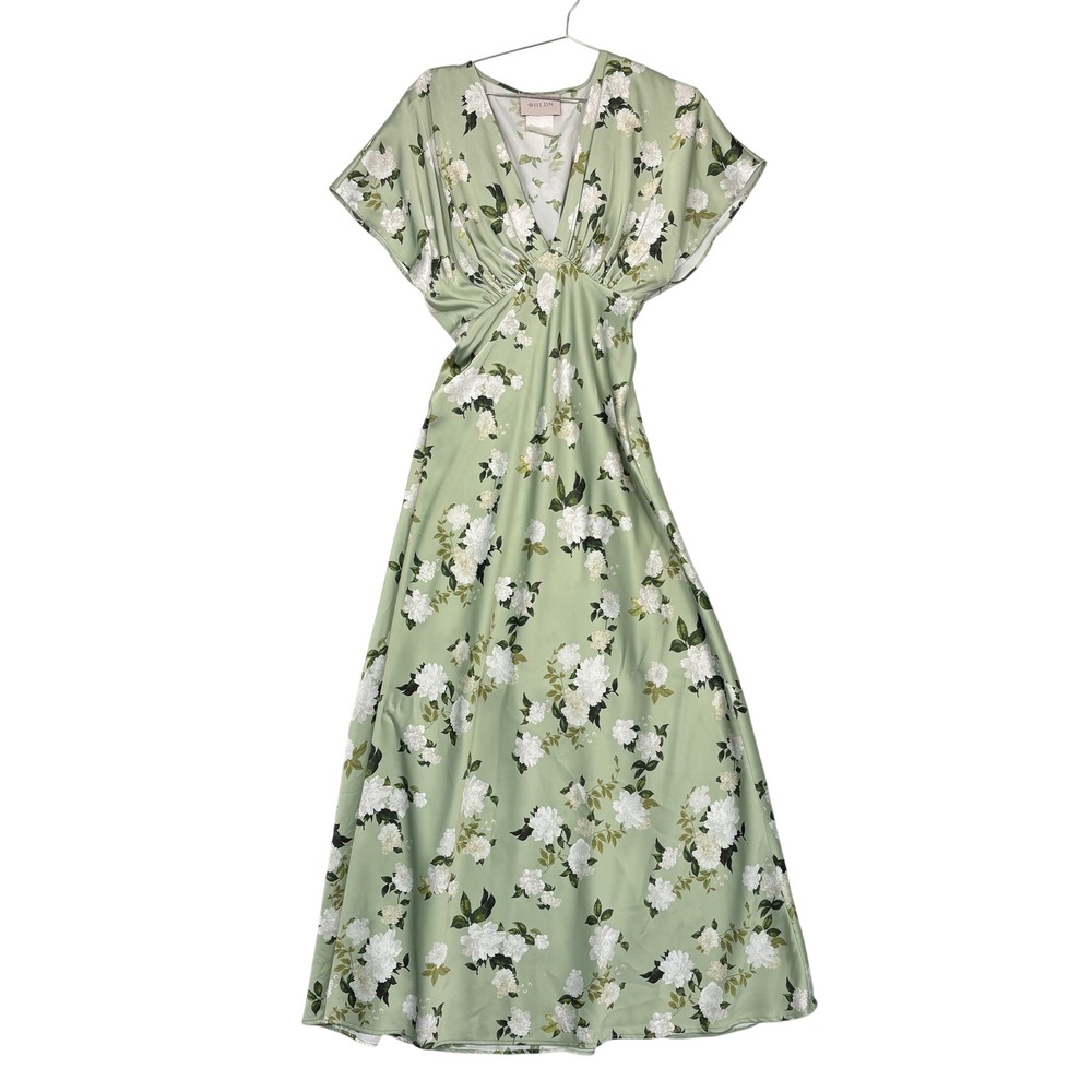 BHLDN Women Maxi Dress 8 Green Leila Deep-V Flutter Sleeve Satin Aline Gown
